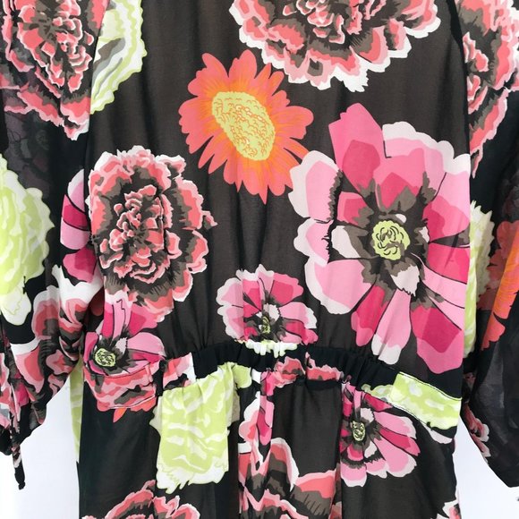 Cabi Womens Black Multi Colored Sheer Deep V Neck Floral Print Blouse M - Picture 3 of 6